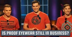 three men wearing red shirts with the words is proof eyewear still in business?