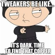 an image of a cartoon character saying it's dark time to find that copper