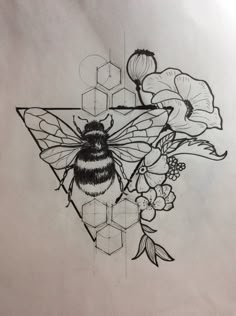 a drawing of a bee and some flowers