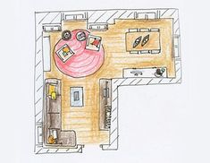 a drawing of a living room with furniture