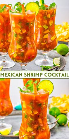 mexican shrimp cocktail with limes and cilantro garnishes in glasses