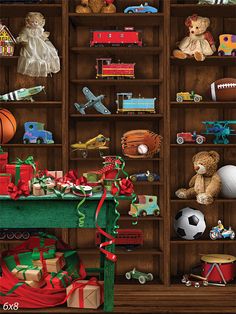 Vintage Toy Shop Photography Backdrop - Photography backdrop featuring a vintage toy shop with wooden shelves filled with classic toys and a table with wrapped gifts. Vintage Wooden Toys, Christmas Toy Factory, Christmas Toy Store, Vintage Toy Display, Christmas Cubicle, Cubicle Decorations, Blank Street, Christmas Cubicle Decorations, Christmas Toy Shop