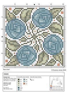 a cross stitch pattern with blue and green flowers on the bottom, in two rows