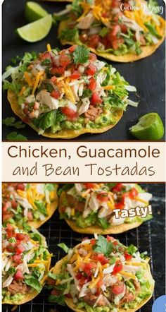 chicken, guacamole and bean tostadas on a cooling rack