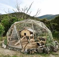 a chicken coop built into the side of a hill with trees and rocks around it