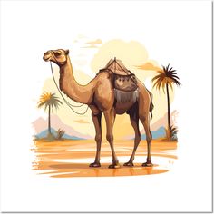 a camel standing in the desert with palm trees