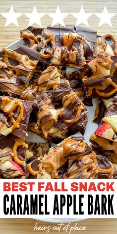 the best fall snack caramel apple bark on a white plate with text overlay