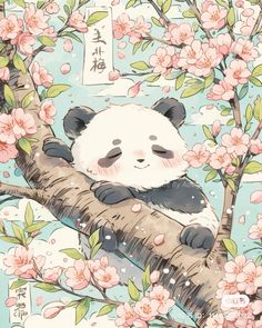 a panda bear sitting on top of a tree with pink flowers and chinese characters in the background