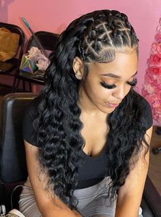 Criss Cross Hairstyle Rubber Bands Ponytail, Criss Cross Hairstyle Rubber Bands Curly Hair, Curly Rubber Band Hairstyles, Colorful Rubber Band Hairstyles, Half Braid Half Curly, Braided Headband Hairstyle Curly Hair, Curly Hair Rubber Band Styles, Curly Hair Pigtail Braids, Braids For Hispanic Women