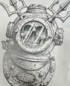 a drawing of a diving helmet with skulls on it