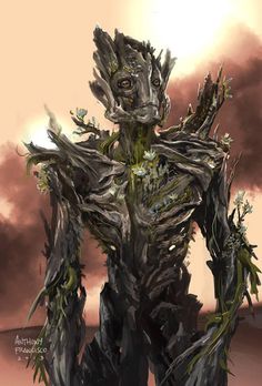 an alien like creature standing in front of a cloudy sky with trees growing out of it