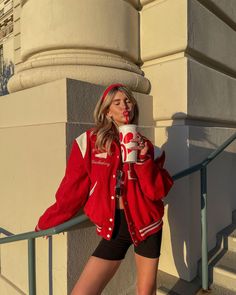 Red Varsity Jacket Outfit, Western Look, Red Outfit