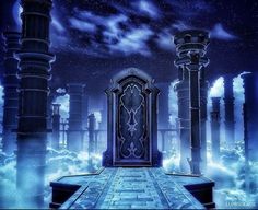 an image of a fantasy scene with clouds and stars in the sky over a gate