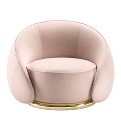 a round chair with a gold base and pink upholstered fabric on the back