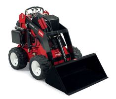 a small red skid steer is shown on a white background with the snow plow attached to it