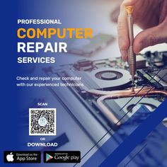 professional computer repair services flyer with hand holding screwdriver over hard drive and circuit board