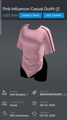 a pink shirt with black shorts is shown on the webpage, and it's price