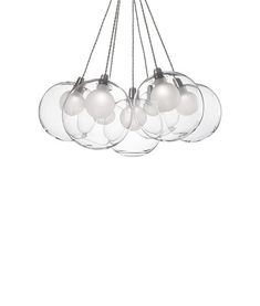 a chandelier with five glass globes hanging from it's metal rods