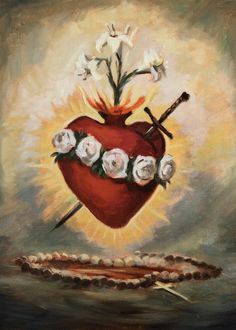 a painting of a heart with flowers in it