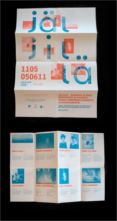 an open brochure with blue and red designs on it's front and back pages