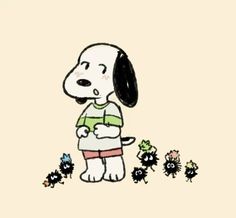 a drawing of a dog standing in front of some little black and white puppies