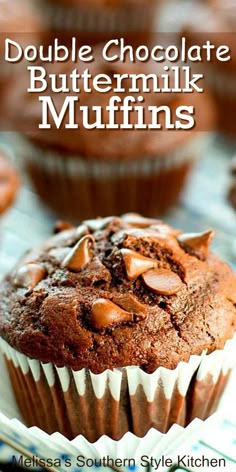 double chocolate buttermilk muffins on a cooling rack with text overlay