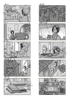 the storyboard shows how people are working in their home office and what they're doing