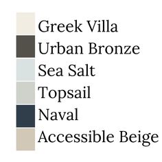 the words greek villa urban bronze sea salt topsail naval accessible beige and gray colors