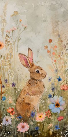 a painting of a rabbit sitting in the middle of flowers