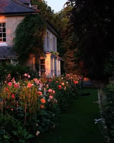 a garden with flowers and plants in front of a house at sunset or sunrise time