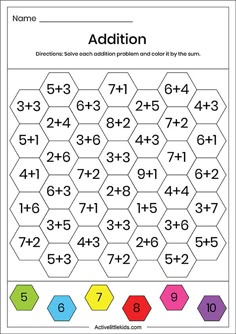 an addition worksheet with numbers and colors