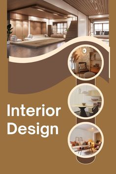 an interior design brochure is shown in brown and tan colors with pictures of furniture