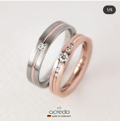 two wedding rings with diamonds on each one and the other in rose gold, silver or white gold