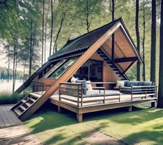 a small cabin in the middle of a forest with stairs leading up to it's roof