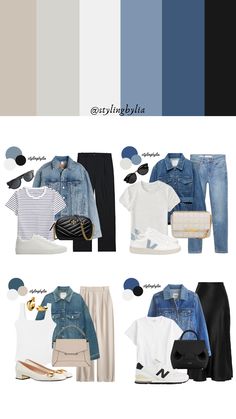 How To Style Blue Denim Jacket, Denim Colour Palette, Denim Jacket Work Outfit, Denim Color Palette, Blue Denim Jacket Outfit, Denim Jacket Outfit Ideas, Blue Striped Shirt Outfit, Jacket Outfit Ideas, Capsule Wardrobe Casual