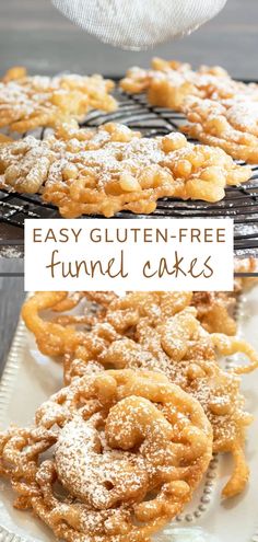 an easy gluten - free funnel cake recipe with powdered sugar on top