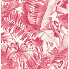 a pink and white wallpaper with tropical leaves