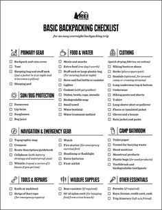 a black and white checklist with instructions for basic backpacking checklist on it