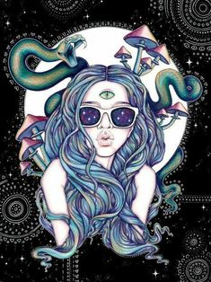 an image of a woman with long hair wearing sunglasses and snakes on her head, in front of a black background