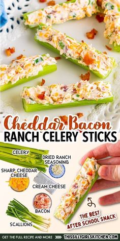 an advertisement for cheddar bacon ranch celery sticks on a white plate