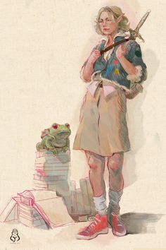 a drawing of a woman holding a baseball bat next to a pile of books and a frog