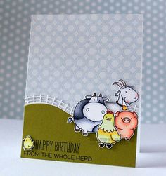 a happy birthday card with three farm animals on the front and one pig on the back