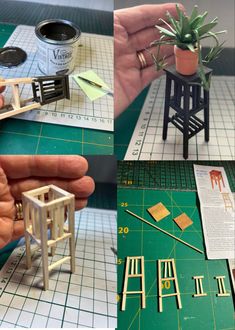 there are four pictures showing how to make miniature chairs and ladders with plants in them