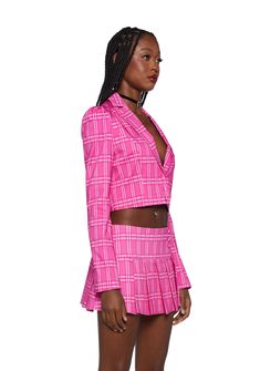 cuz you have your secrets. This blazer has a bengaline construction, an all over plaid pattern, a collared neckline, logo embroidery at the sleeve, a cropped fit, and front button closures. Clueless Outfits, Free Socks, Fashion Aesthetics, Ski Mask, Cropped Blazer, Clueless, Logo Embroidery, Dolls Kill, Embroidery Logo