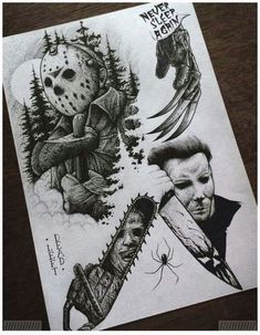 a drawing of a person holding a knife next to two images of a man with a mask on