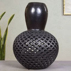 a black vase sitting on top of a table next to a potted green plant