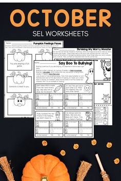 an orange pumpkin sits on top of a black table next to some other items and the words, october self worksheets