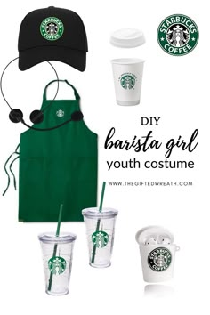 starbucks coffee cups and aprons with the words diy barista girl youth costume