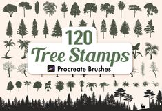 the silhouettes of trees and bushes are shown with text that reads 120 tree stamps procre