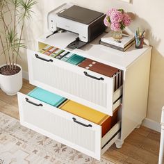 a white desk with drawers and printer on top, next to potted plant in corner